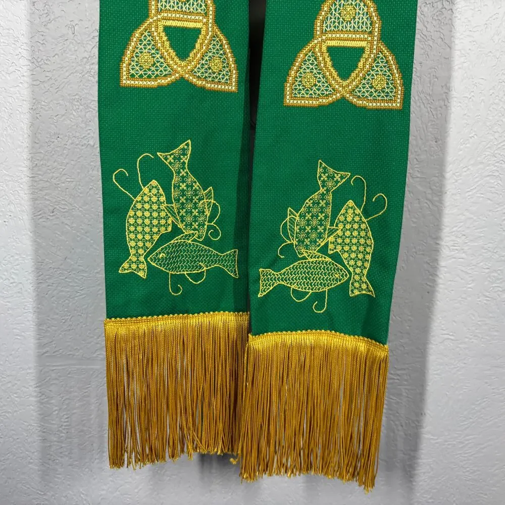 Celtic Stole Graduation Clergy Overlay Knit Fringe Scarf Green Gold